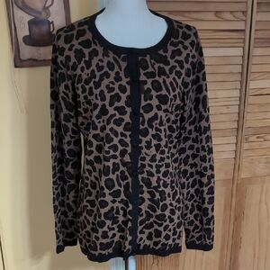 Dennis Basso Animal Print Sweater with Black Trim Accents M